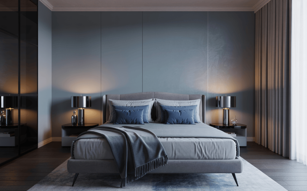 Stylish modern bedroom colour combination with deep blue and grey tone contrasts