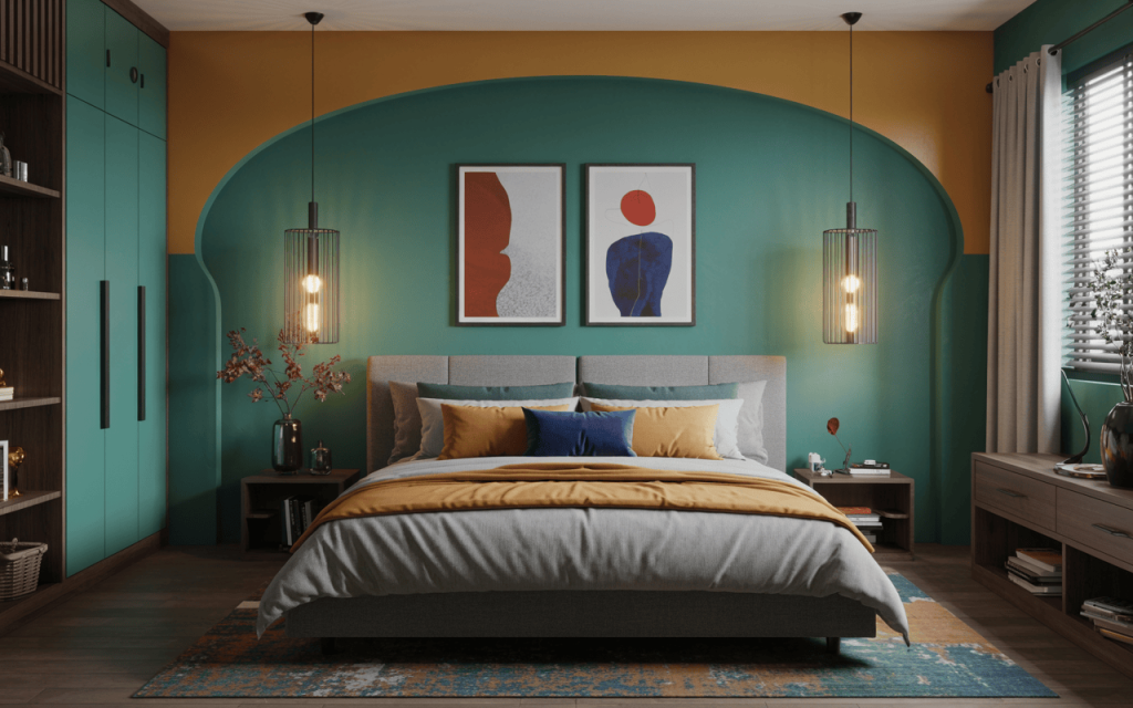 Stylish modern bedroom colour combination with teal and mustard wall design accents
