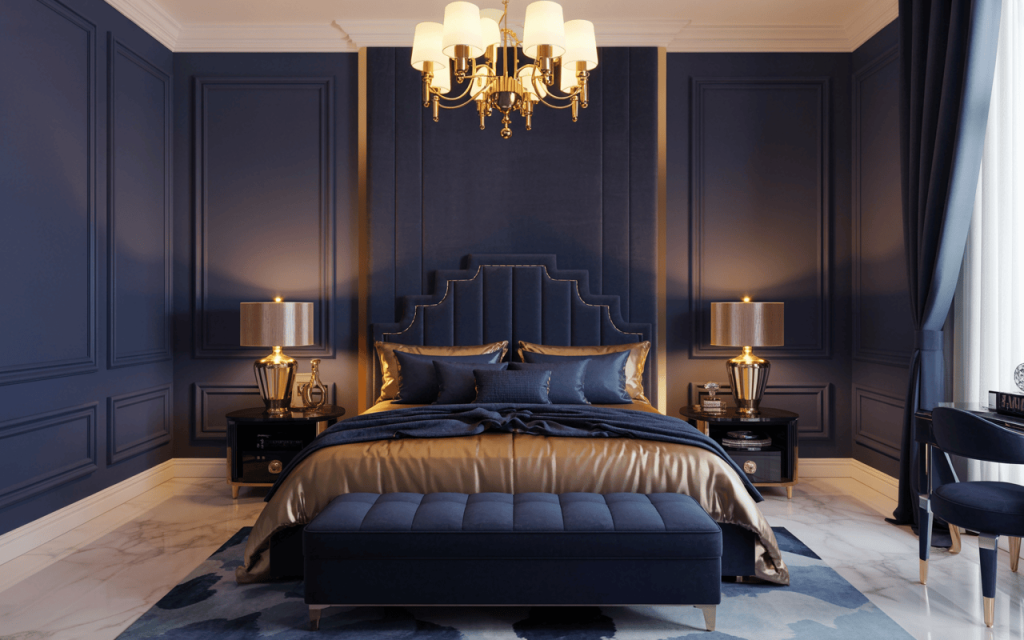 Luxurious royal bedroom colour combination with navy walls and elegant gold accents