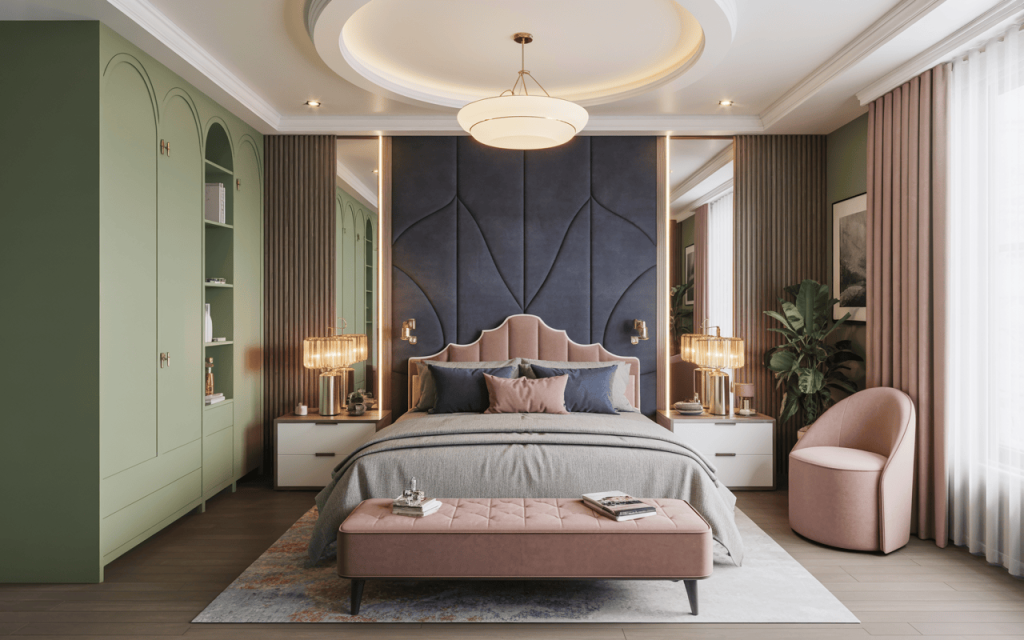 Elegant royal bedroom colour combination with navy, blush pink, and soft green tones
