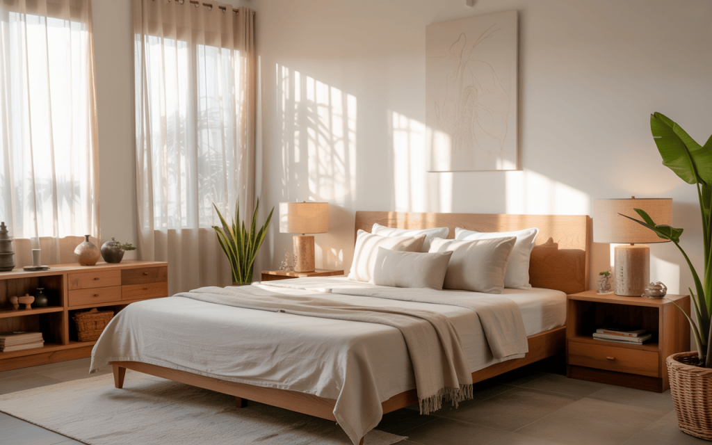 Peaceful simple bedroom colour combination with beige tones and wooden furniture