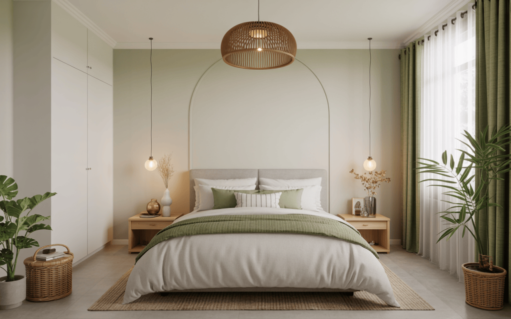 Peaceful simple bedroom colour combination in green and beige with cozy natural decor