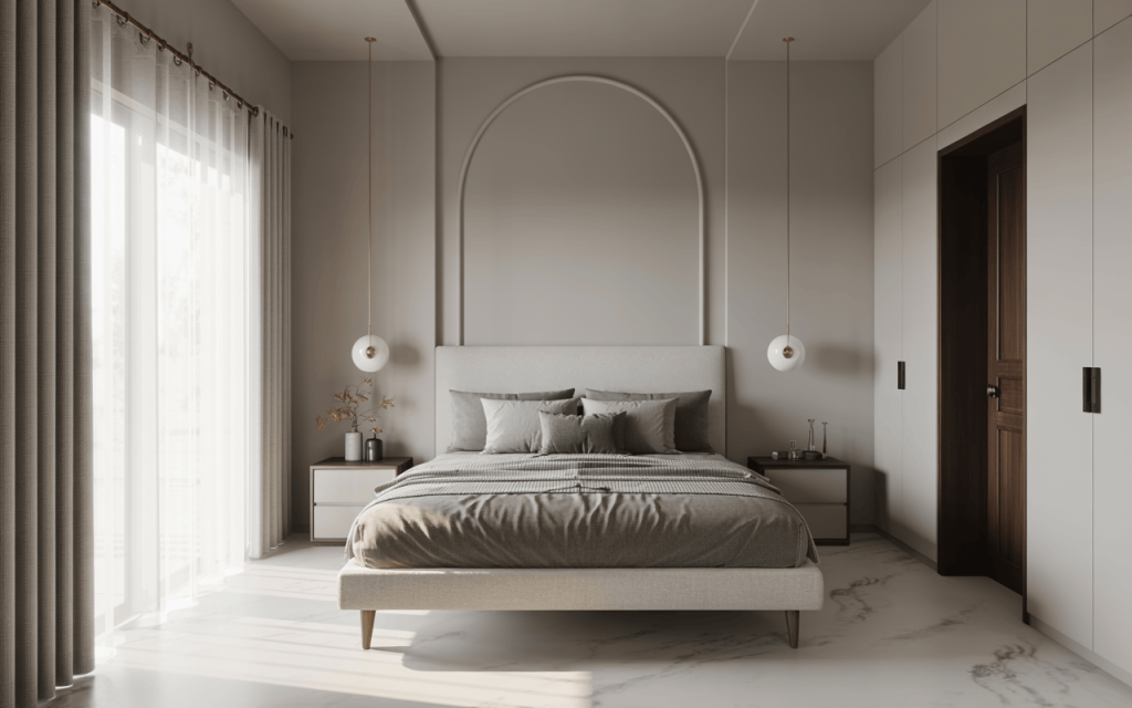 Minimalist simple bedroom colour combination in soothing beige and grey tones