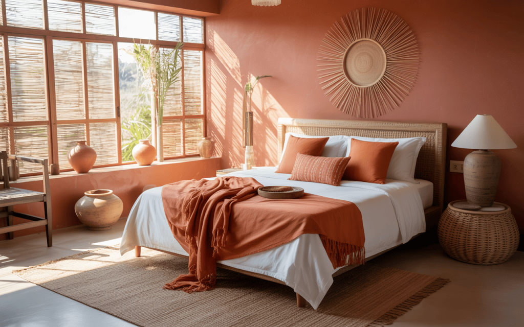 Earthy simple bedroom colour combination with terracotta and natural textures