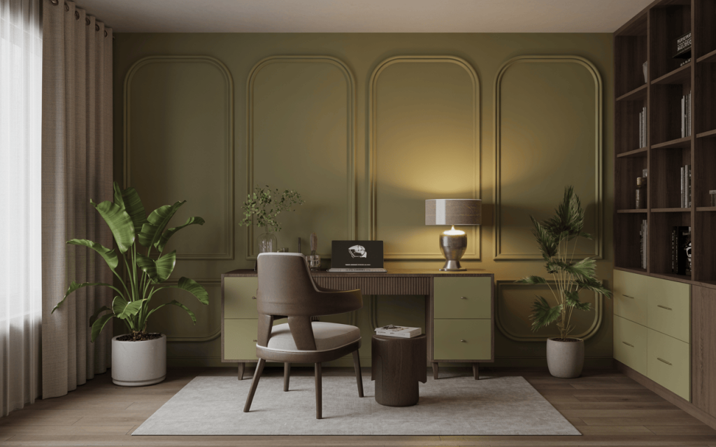 Elegant vastu study room colour combination with earthy green and natural wood design
