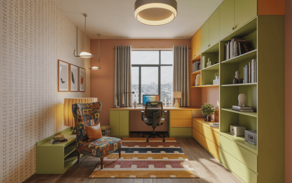Vibrant two colour combination for study room with open shelves and patterned chair
