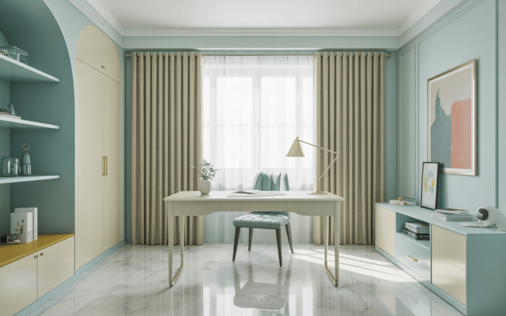 Elegant study room colour combinations in pastel cream and teal blue shades