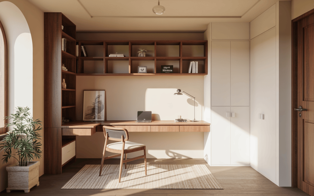 Minimal best colour combination for study room with beige walls and wooden furniture