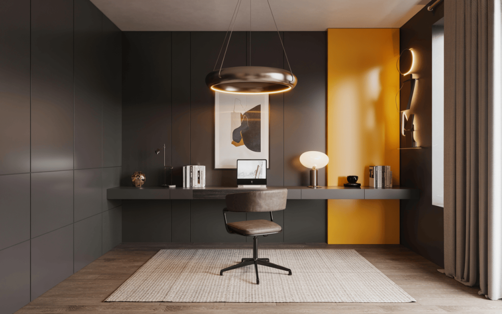 Bold study room wall colour combination with charcoal grey and mustard yellow design