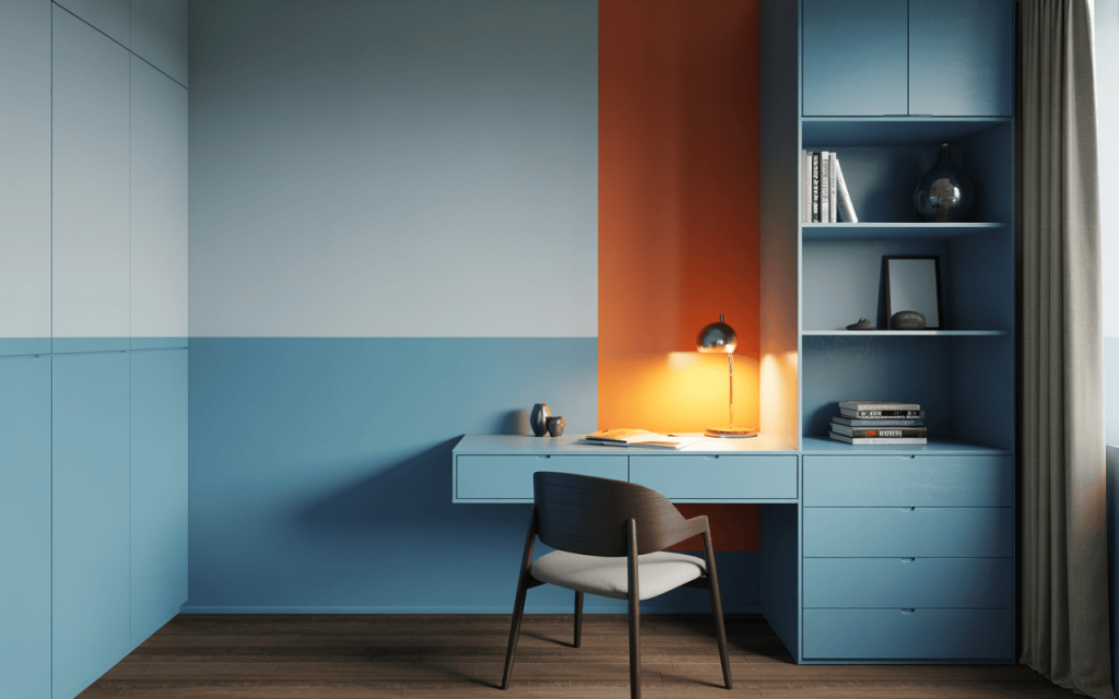 Creative modern study room colour combinations with blue and orange tones