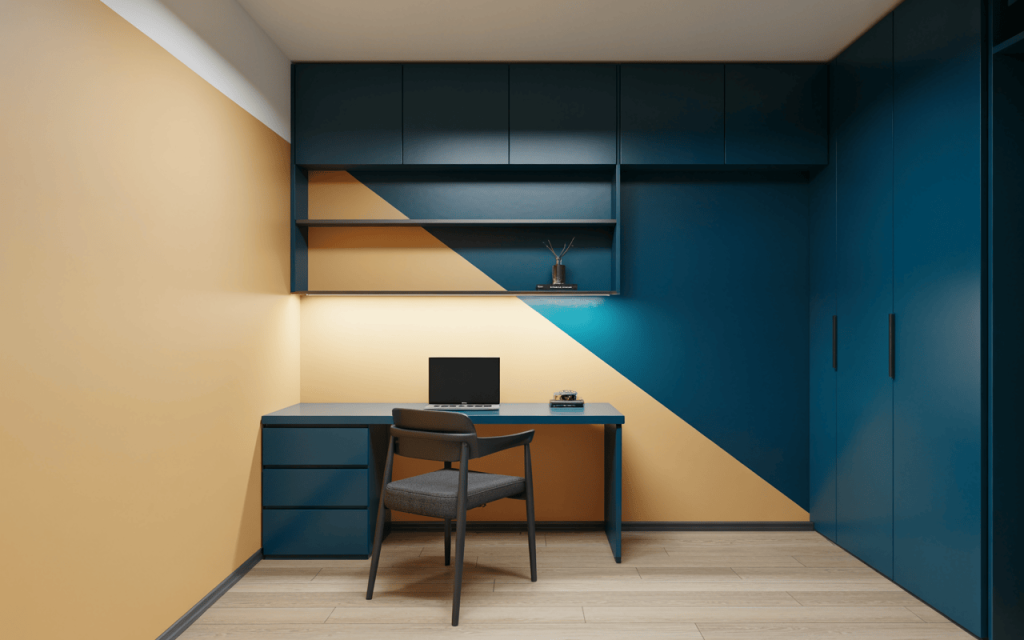 Bold modern study room colour combinations with blue and mustard yellow accents