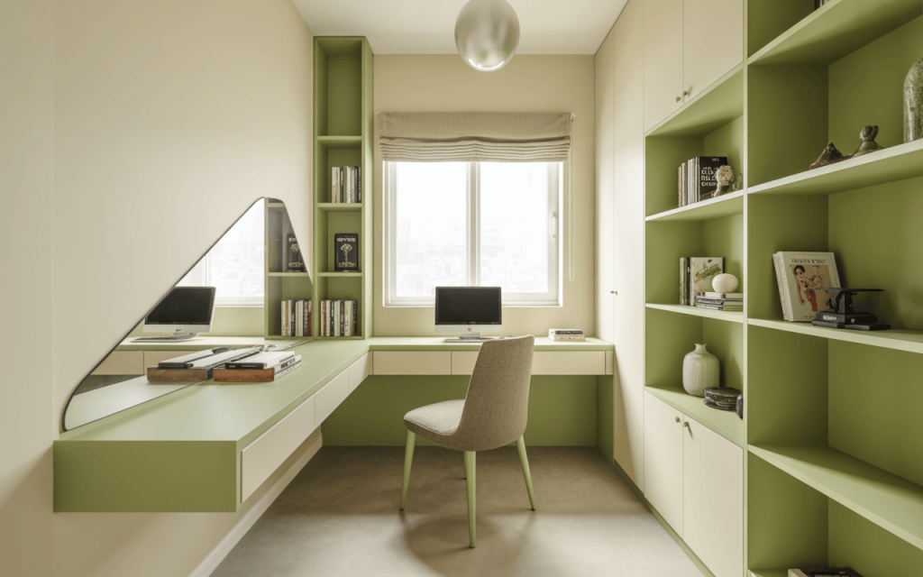 Minimalist two colour combination for study room with green and cream bookshelf setup