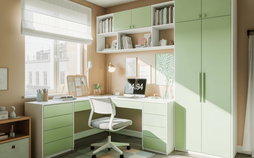 Bright two colour combination for study room with mint green cabinets and beige walls