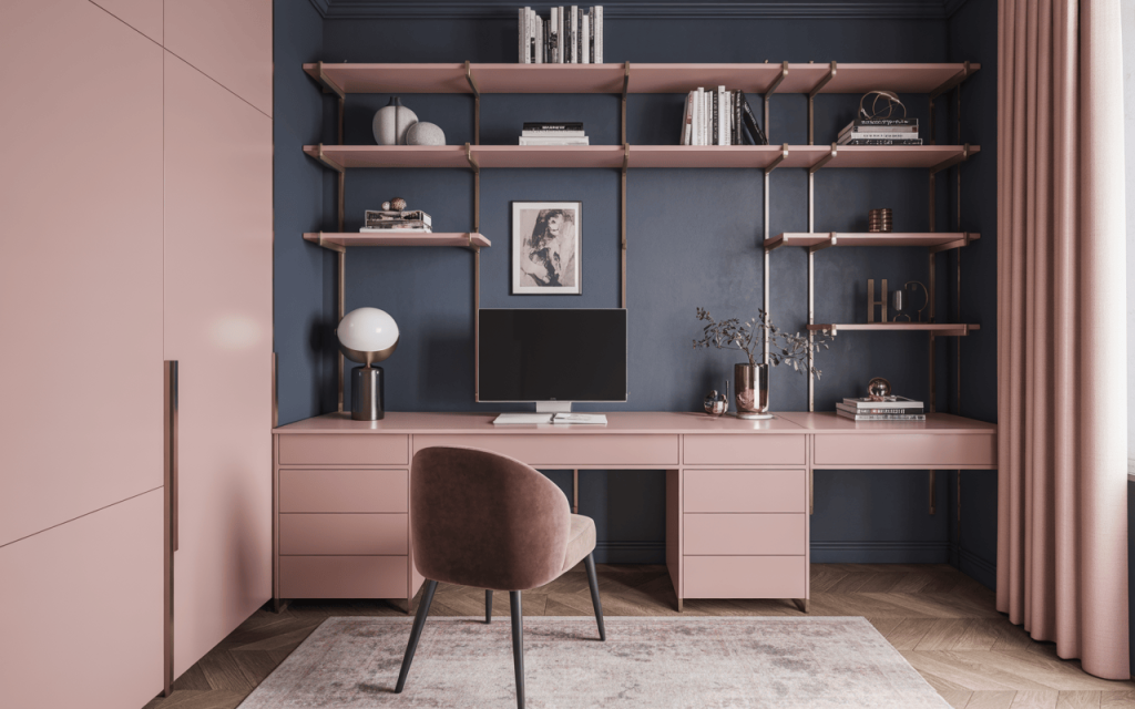 Chic two colour combination for study room in blush pink and navy blue design