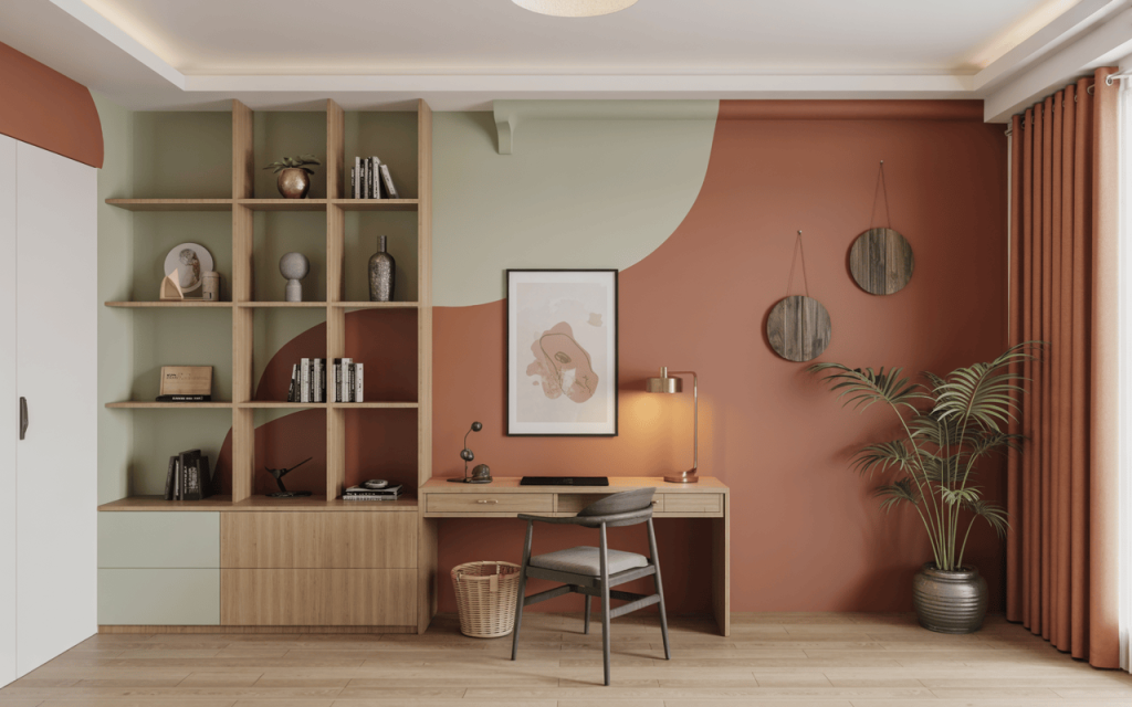 Creative study room wall colour combination with terracotta and sage green blend