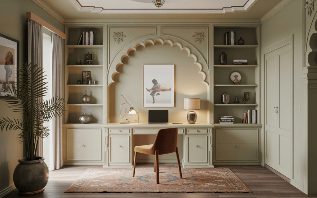 Traditional vastu study room colour combination with classic arched bookshelf