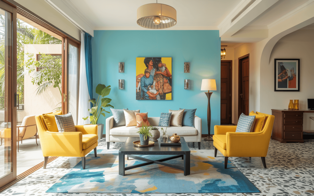 Bold living room wall colour combination with aqua wall and yellow accent chairs