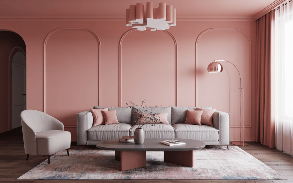 Trendy modern living room colour combination with soft pink walls and grey furniture