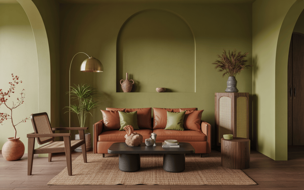 Earthy two colour combination for living room with olive green and terracotta tones