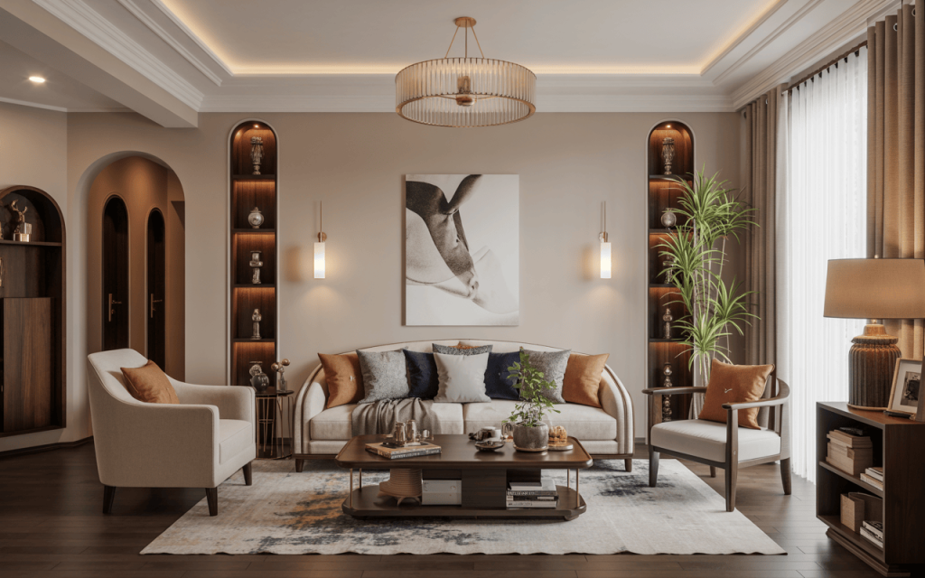 Elegant best living room colour combination with warm tones and cozy bookshelf decor