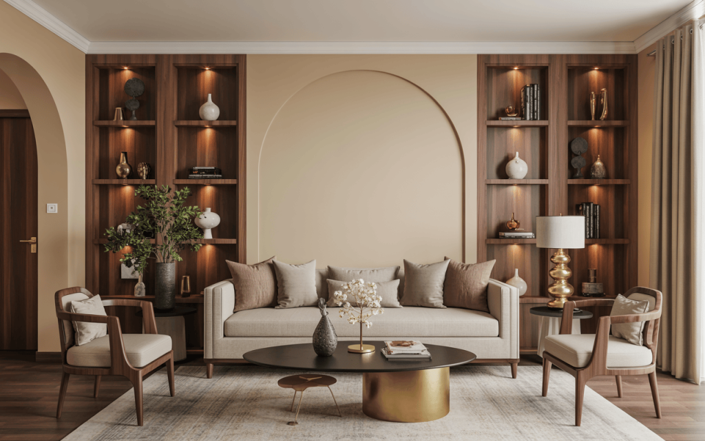 Elegant living room interior colour combination with beige walls and wood textures