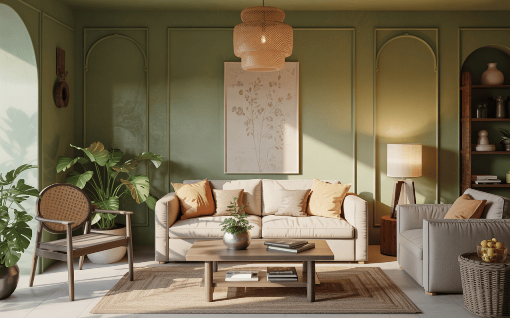 Airy two colour combination for living room with soft green and natural beige tones