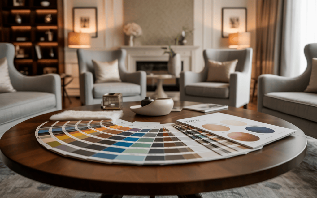Stylish living room color combination ideas shown with palette samples and seating