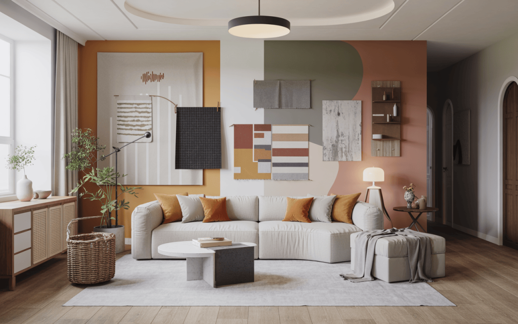 Creative two colour combination for living room with modern pastel wall design