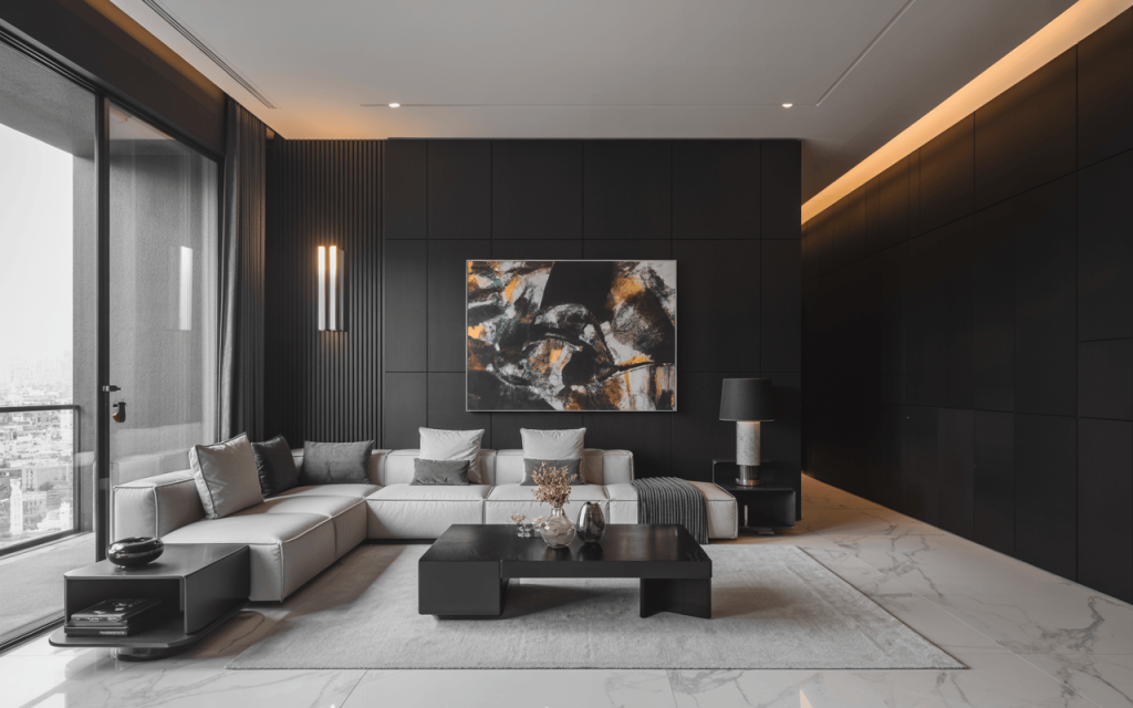 Striking modern living room colour combination with black walls and white sofa