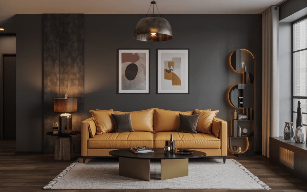 Trendy latest living room colour combination with mustard yellow and charcoal grey