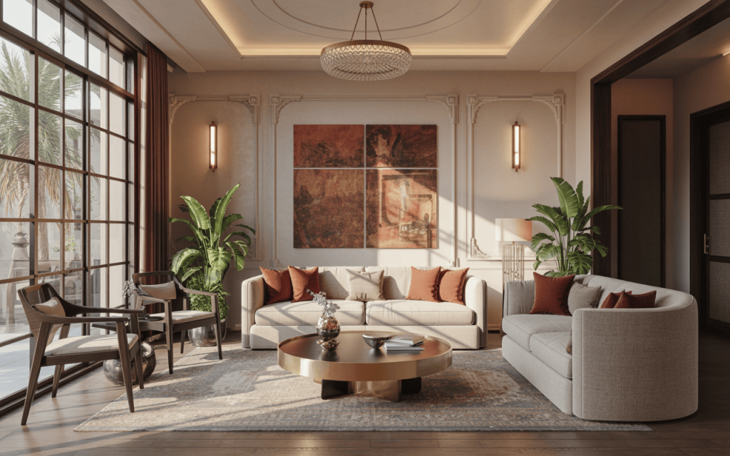 Elegant modern living room colour combination with earthy tones and indoor plants