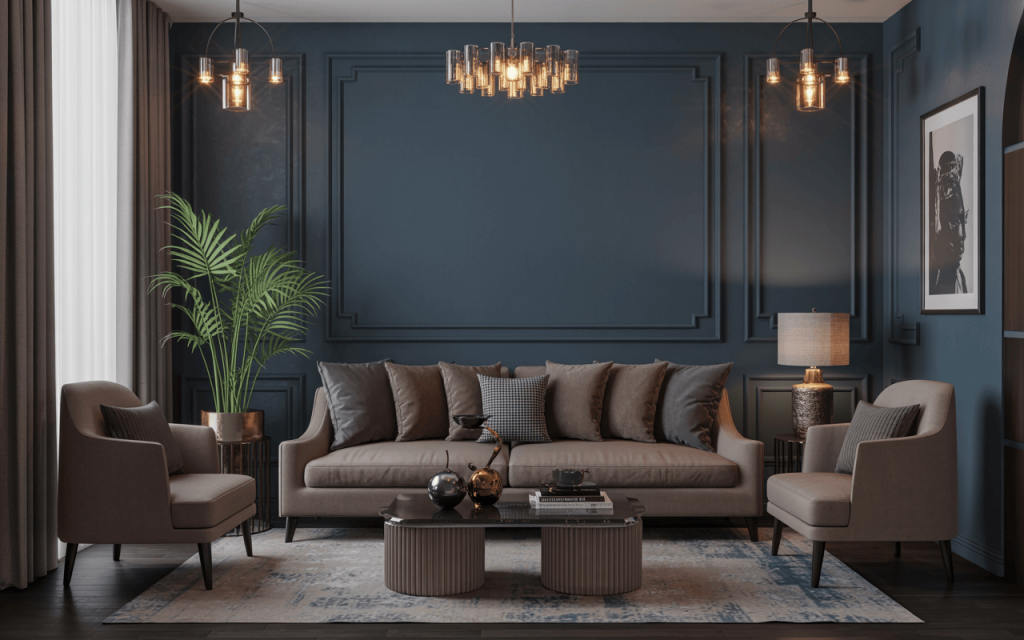 Elegant best living room colour combination with navy blue walls and taupe furniture