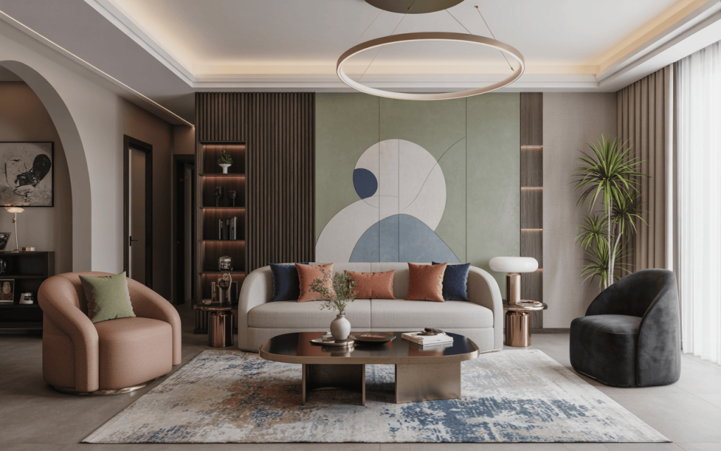 Stylish living room wall colour combination with abstract art and modern seating