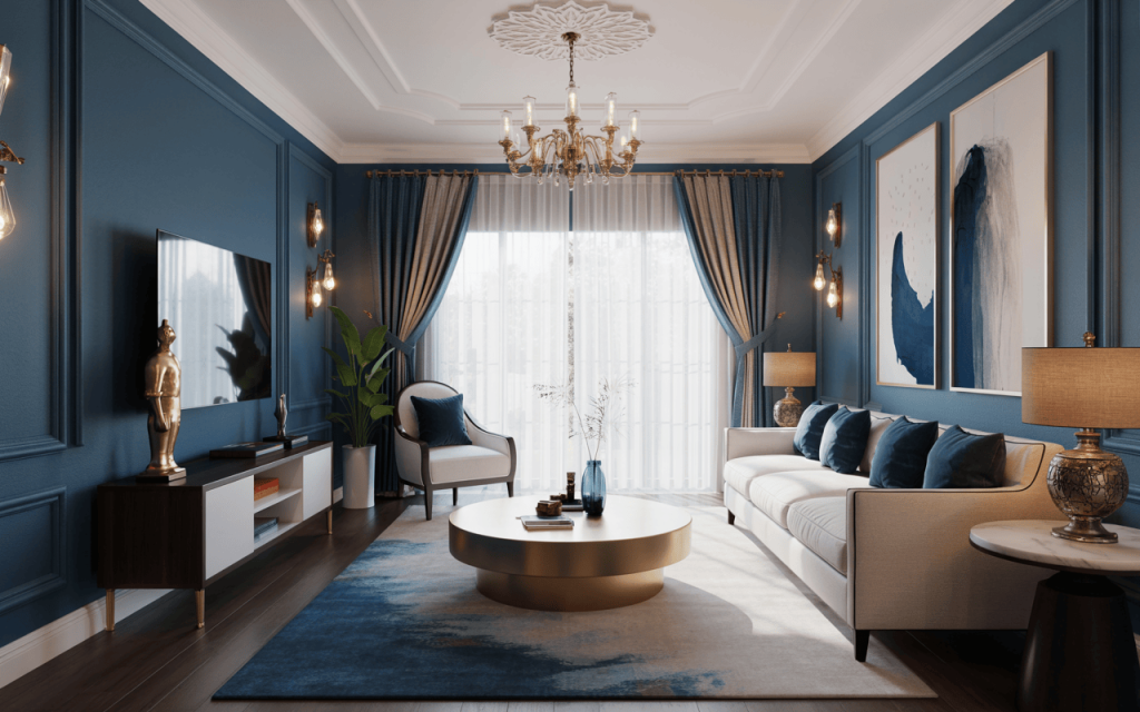 Elegant living room wall colour combination with navy blue and neutral cream tones