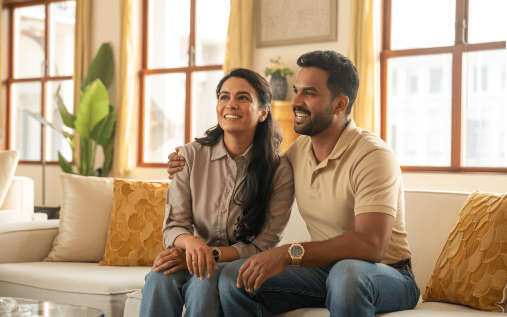 Happy couple enjoying living room interior colour combination in a cozy setting