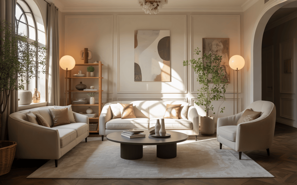 Bright simple living room colour combination with beige tones and natural accents