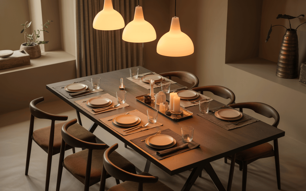 Elegant modern folding dining table with ambient lighting and cozy dining setup