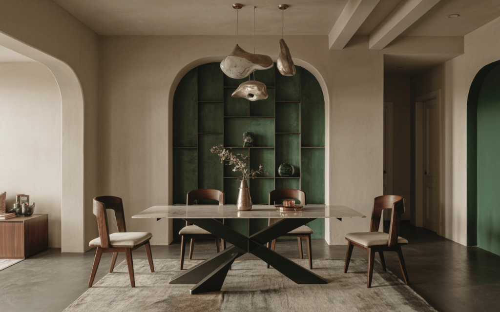 Elegant contemporary folding dining table in a luxury modern green-accented room