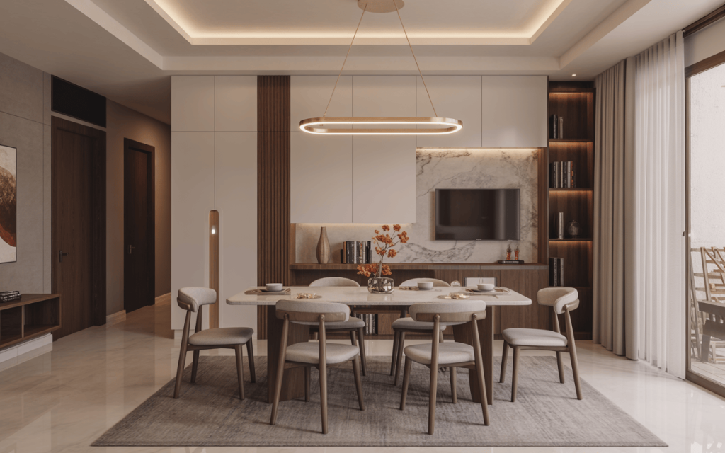 Minimalist modern folding dining table with soft chairs in a cozy neutral interior