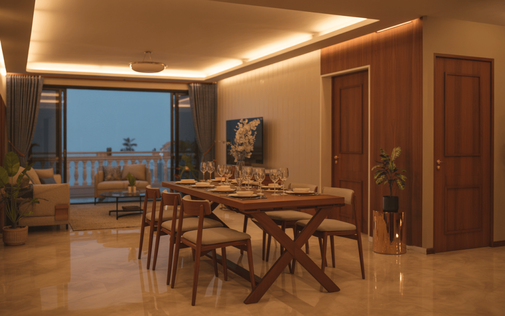 Elegant modern folding dining table setup in a cozy, ambient-lit interior space