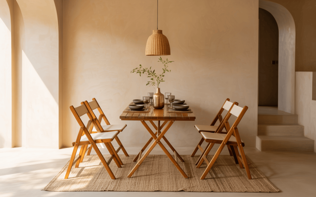 Warm-toned simple folding dining table set with wooden chairs in a cozy interior