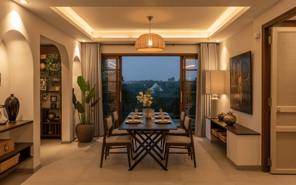 Elegant simple folding dining table in cozy setting with warm ambient lighting