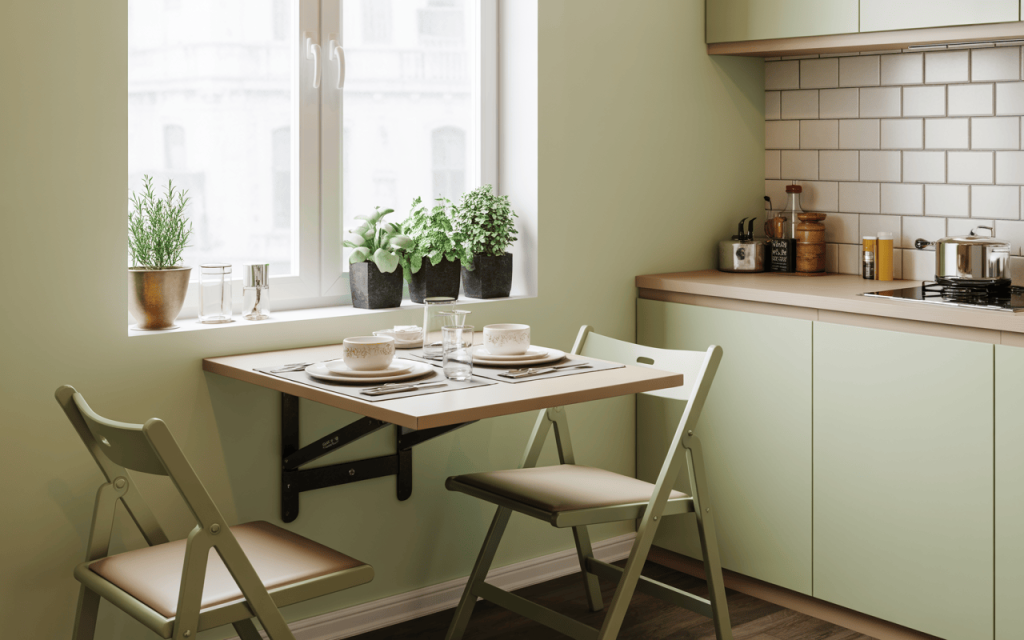 Compact wall mounted folding dining table setup in a modern pastel kitchen
