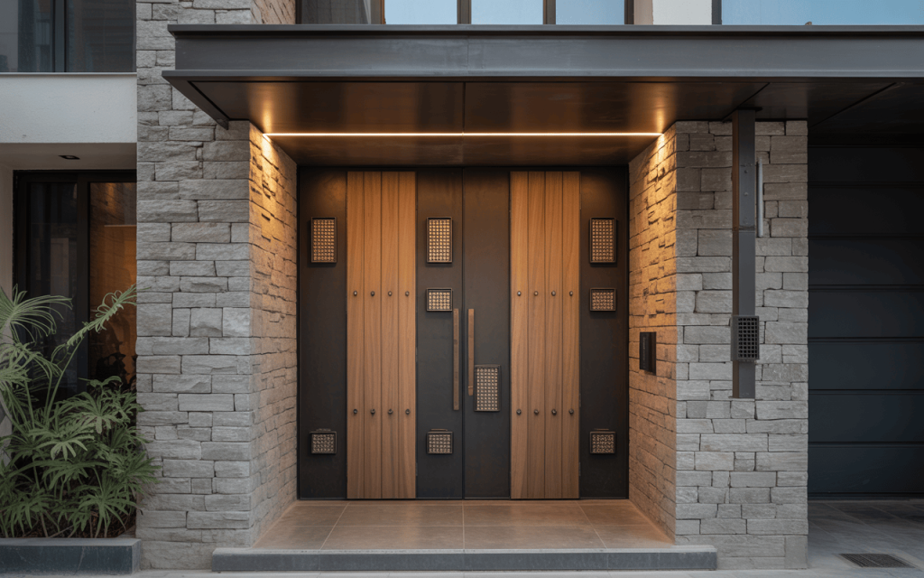Bold simple main double door design with a modern wood and metal finish