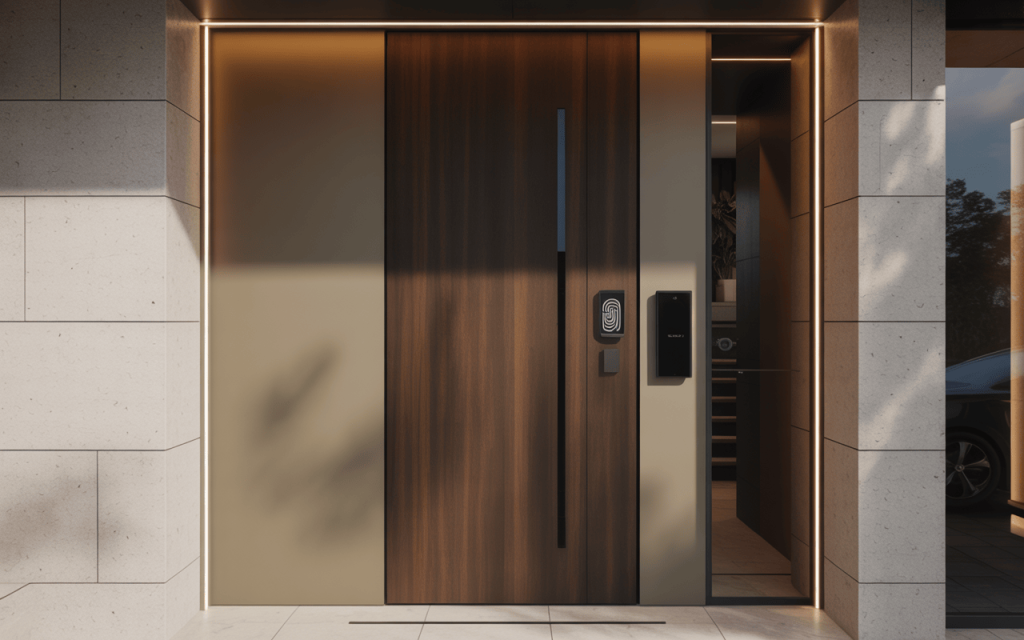 Contemporary simple main door design with fingerprint smart lock system
