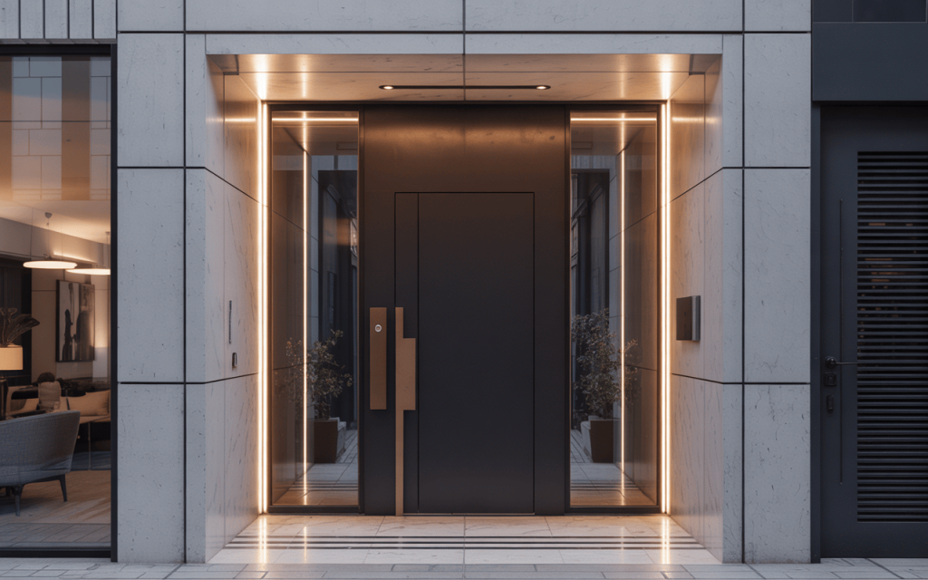 Sleek modern simple main door designs with ambient lighting and glass sides