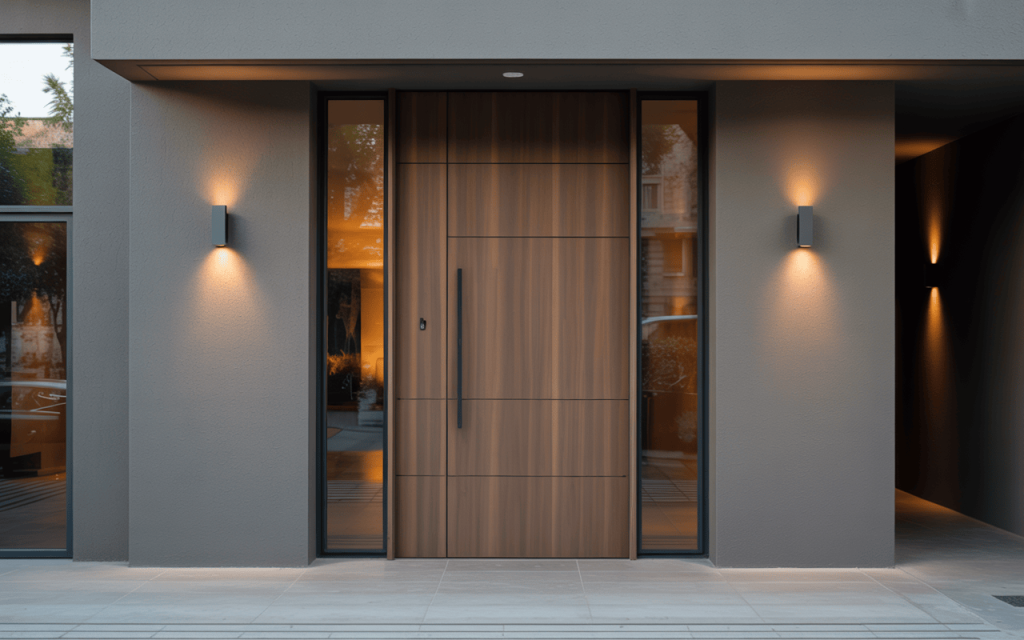 Sleek modern simple main door designs with tall handle and side lighting