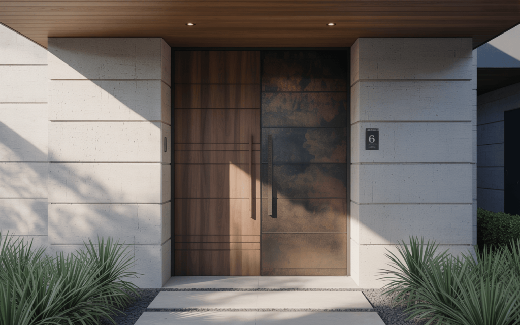 Elegant modern simple main door designs with sleek wood and metal finish