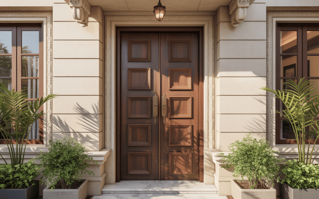 Classic simple main double door design with carved panels and brass handle