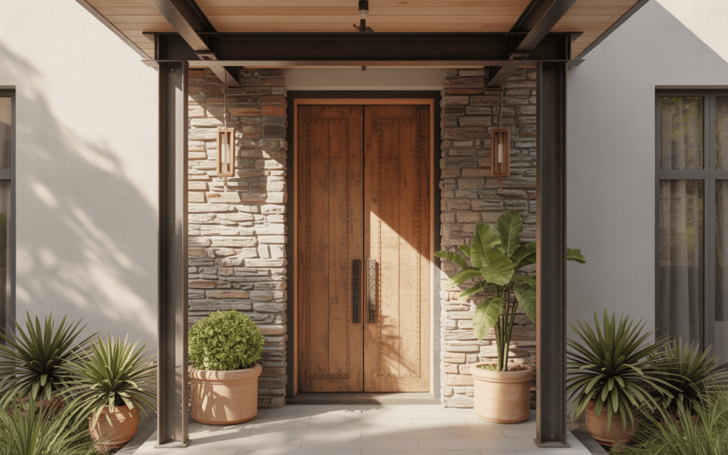 Elegant simple wooden main door design with stone wall and potted greens